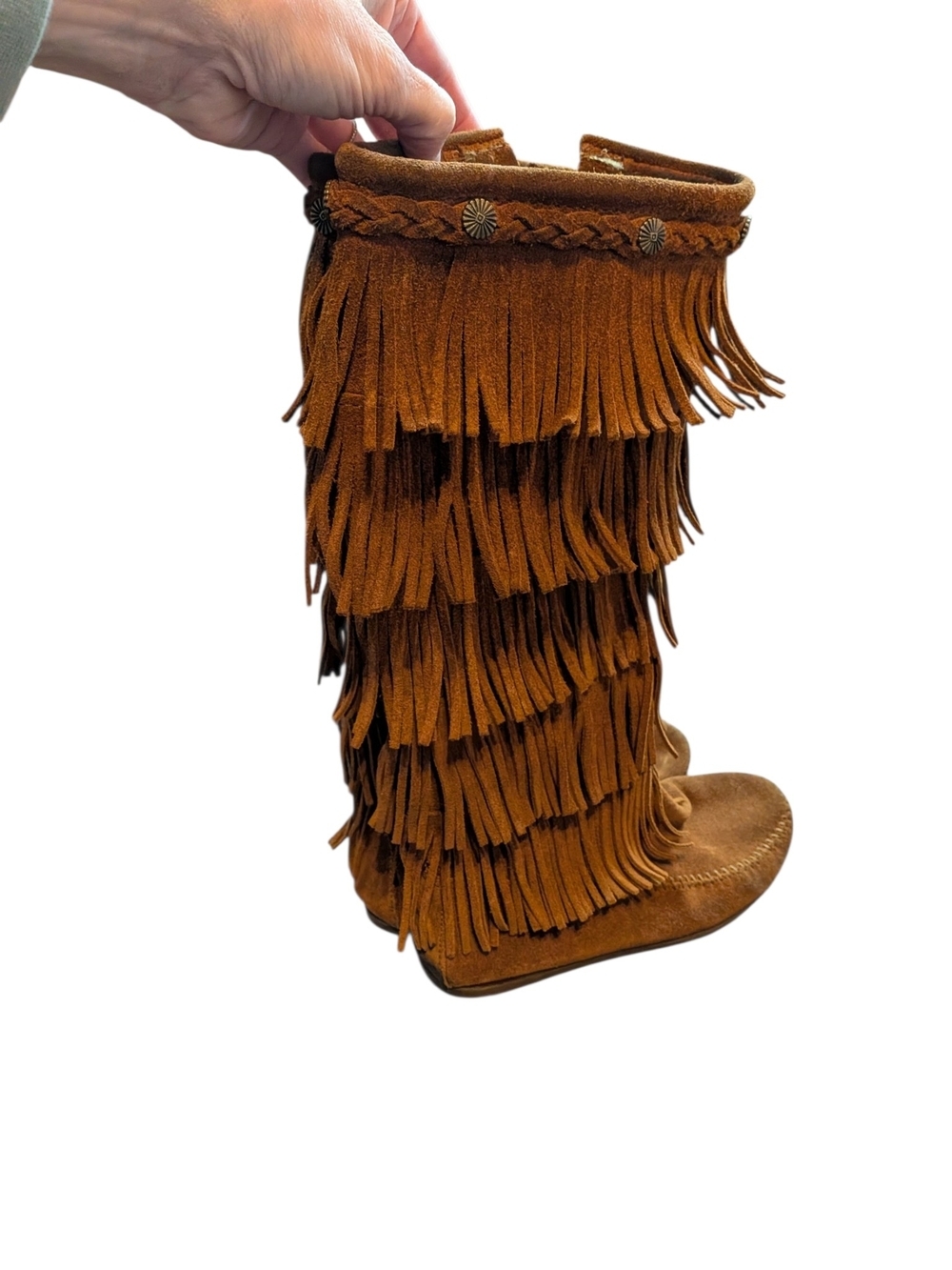 Minnetonka Chestnut Fringe Suede Knee Boots - Picture 6 of 16